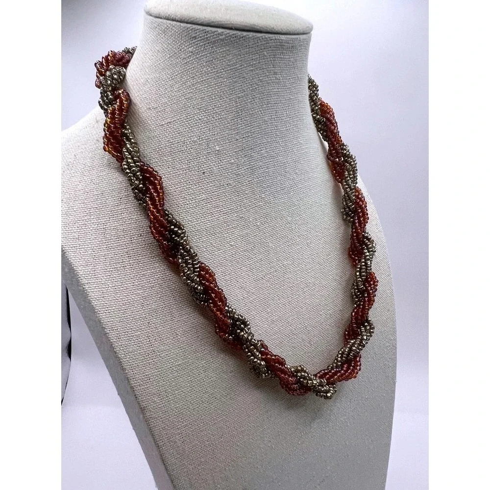 Vintage Necklace Twisted Glass Seed Bead Amber Iridescent Multi Strand Statement